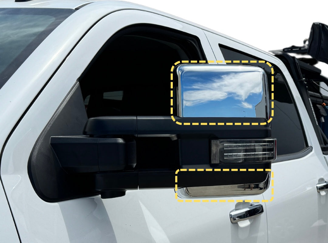 Clearview Full Replacement mirror 4-Piece Chrome Cap Upgrade Kit w/ RH OAT Sensor for Full Replacement Towing Mirrors –