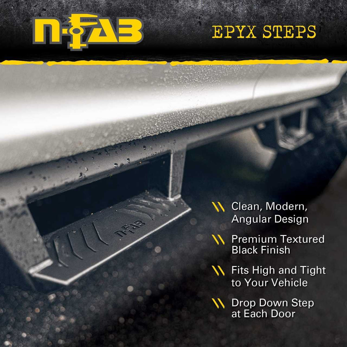 N-Fab EPYX Cab Length Side Steps Black Nerf Steps | Fits Ford F-150 / Lightning SuperCrew Cab Pickup