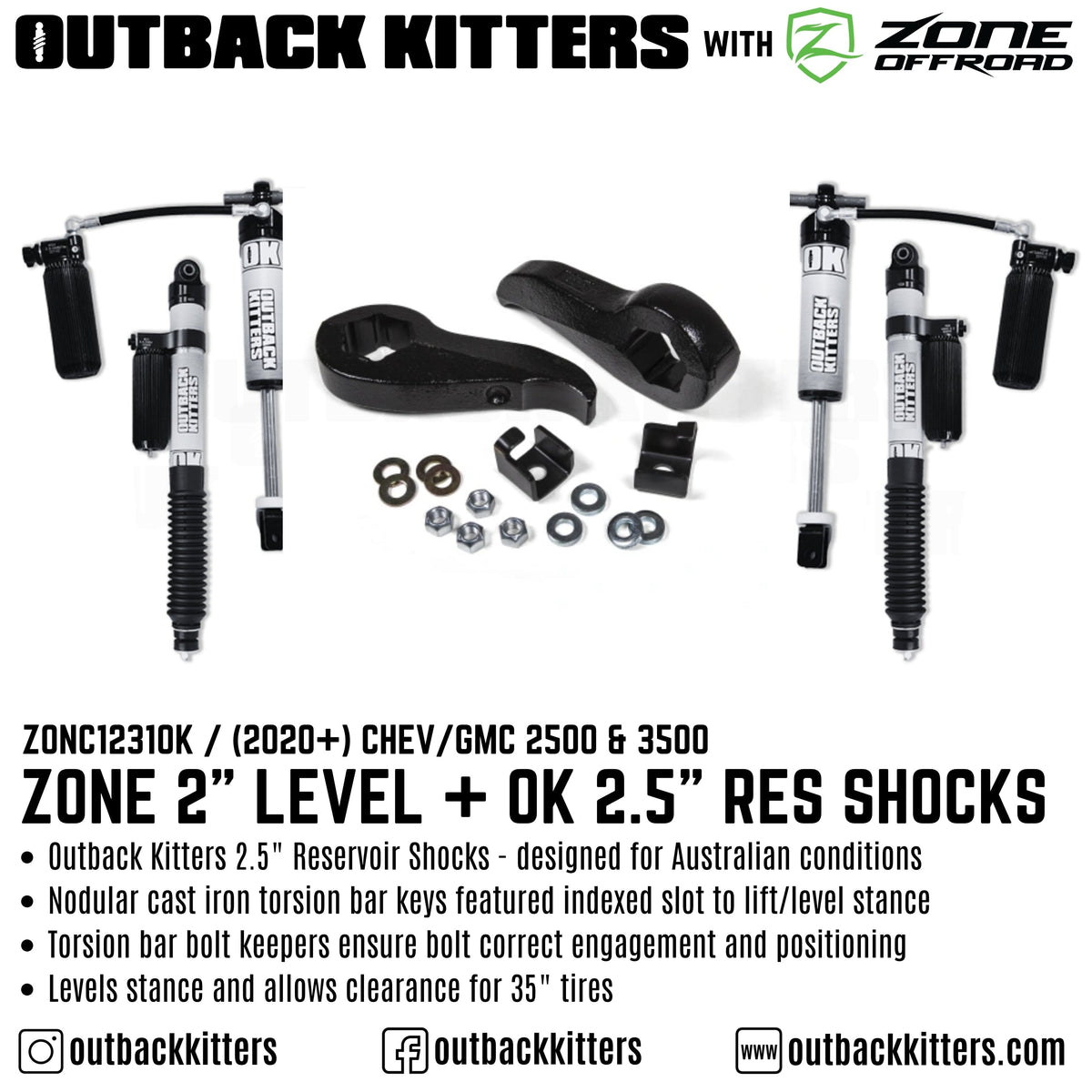 Zone Offroad 2" Levelling Kit with OK 2.5" Shocks suits Chev/GMC 2500/3500 (2020-2026)